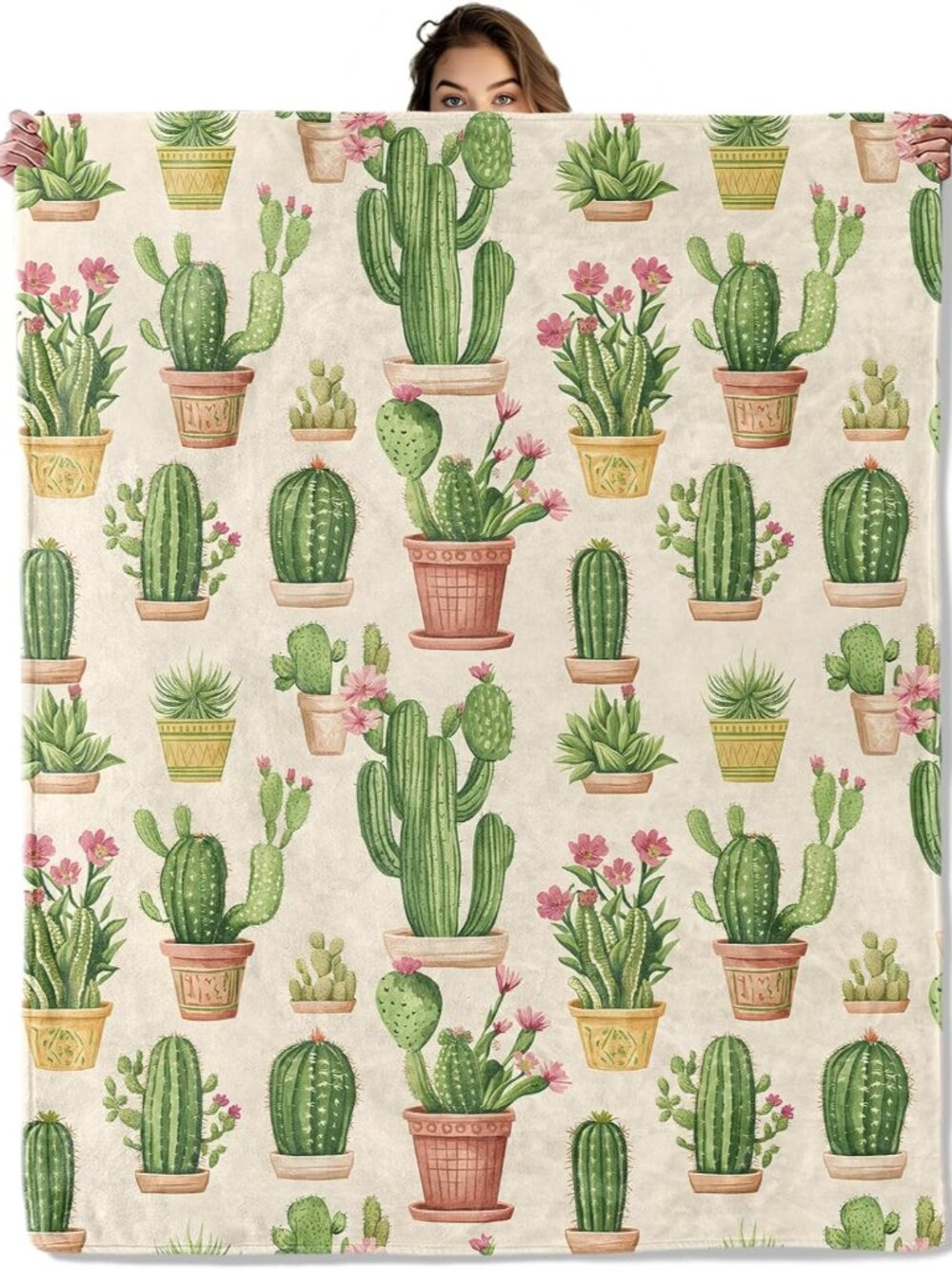 Cactus Plant Pattern Blanket 50x60 in, Flannel Throw Blankets for Travel Camping